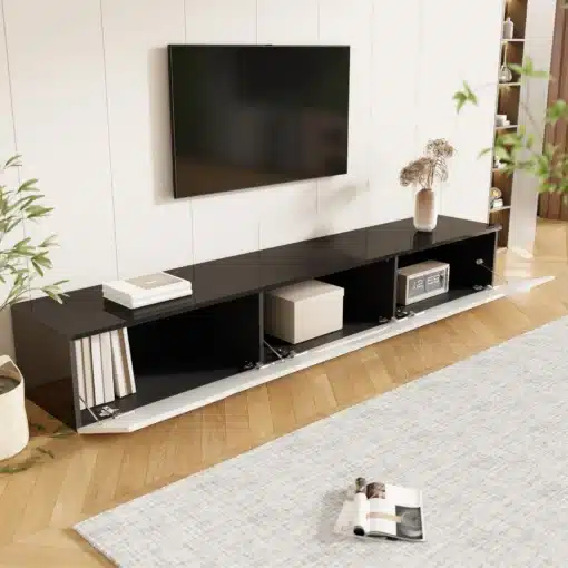 TV-alus 16 värvi LED-valgustusega, 180 cm | E-pood Tootemaailm Must TV-aluskapp musta läikiva pealispinna ja avatavate ustega, seinal riputatud teleri all