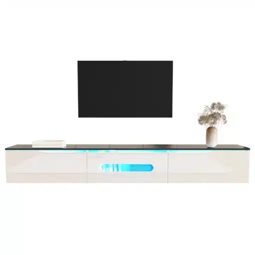 TV-alus 16 värvi LED-valgustusega, 180 cm | E-pood Tootemaailm Valge madal TV-alus musta pealispinna ja sinise LED-valgustusega
