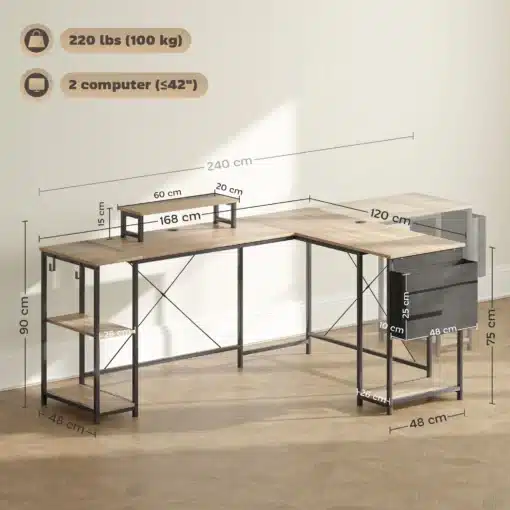 Arvutilaud reguleeritavate riiulite ja monitorialusega | E-pood Tootemaailm L-kujuline arvutilaud mõõtudega 240 x 120 cm, musta metallraami ja heleda puidutooniga
