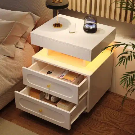 Moodne LED-valgustusega öökapp sahtli ja avatud riiuliga | E-pood Tootemaailm Valge öökapp kahe sahtliga, avatud sahtlite ja pehme valgustusega magamistoas