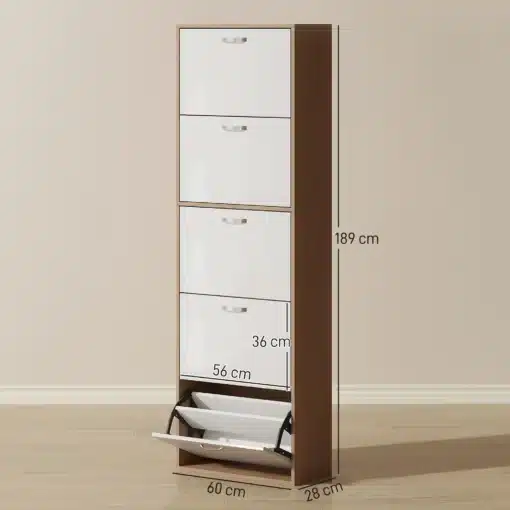Kingakapp 5 kallutatava sahtliga 30 paarile jalatsitele | E-pood Tootemaailm Pruuni korpusega valge nelja kallutatava uksega jalatsikapp, mõõdud 189 x 60 x 28 cm