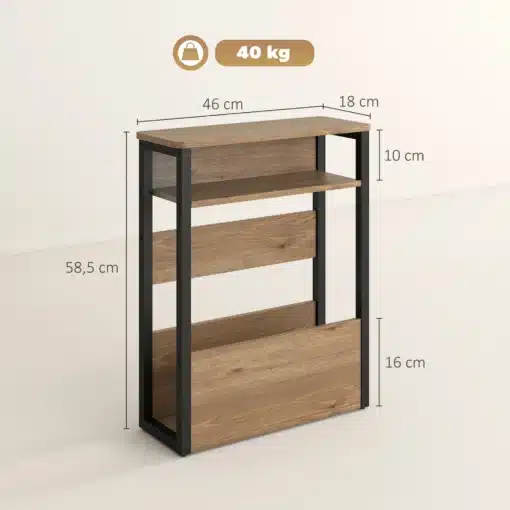 Kitsas sahtli ja riiulitega abilauake diivani kõrvale | E-pood Tootemaailm Musta metallraamiga ja puidutooniga kitsas riiul, mõõtudega 46 x 18 x 58,5 cm ning kandevõimega 40 kg