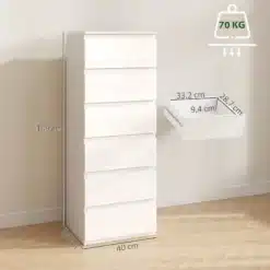 Valge kuue sahtliga kummut, mõõdud 109 x 40 x 35 cm, sahtli mõõdud 33,2 x 28,7 x 9,4 cm, kandevõime 70 kg