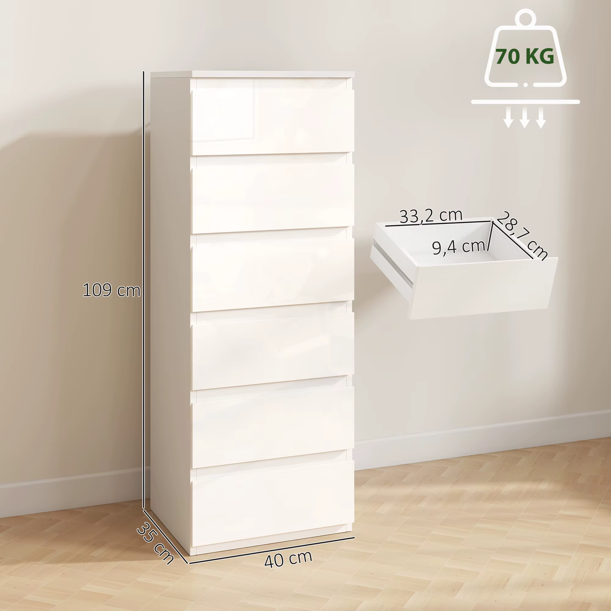 Valge kuue sahtliga kummut mõõtudega 109 × 40 × 35 cm, sahtli mõõdud 33,2 × 28,7 × 9,4 cm