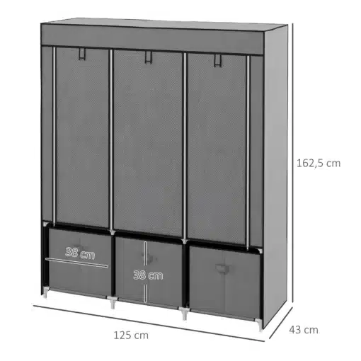 Kokkupandav riidekapp kahe riputustoru, riiulite ja sahtlitega | E-pood Tootemaailm Halli metallraamiga riidekapp kolme uksega ja alumiste sahtlitega, mõõdud 125 x 43 x 162,5 cm