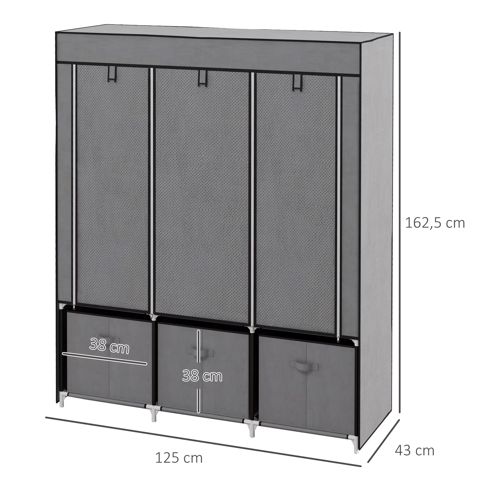 Kolme uksega hall riidekapp mõõtudega 125 x 43 x 162,5 cm