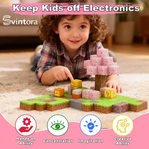 Magnetiliste ehitusklotside komplekt 100 tk lastele alates 4. eluaastast | E-pood Tootemaailm Laps mängib plokkboksidega põrandal; pildil on ka tekst „Keep Kids off Electronics“ ja Svintora logo.