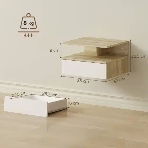 Seinale kinnitatavad öökapid sahtlite ja avatud riiulitega, 2 tk | E-pood Tootemaailm Seinale kinnitatav öökapp sahtliga, mõõtmed 35 x 32 x 22,5 cm, kandevõime 8 kg