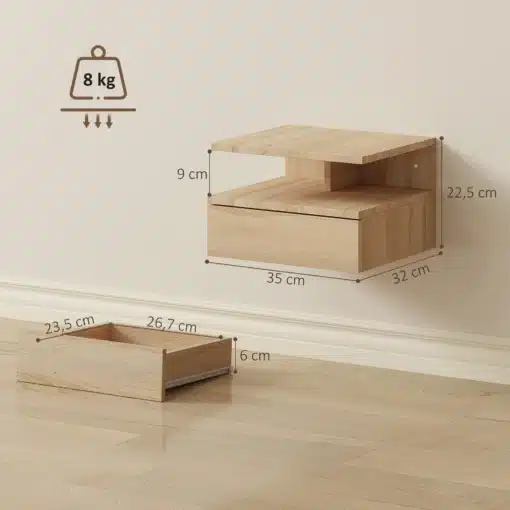 Seinale kinnitatavad öökapid sahtli ja avatud riiuliga 2 tk | E-pood Tootemaailm Puidust seinariiul sahtliga, mõõdud 35 x 32 x 22,5 cm, kandevõime 8 kg, sahtli mõõdud 26,7 x 23,5 x 6 cm