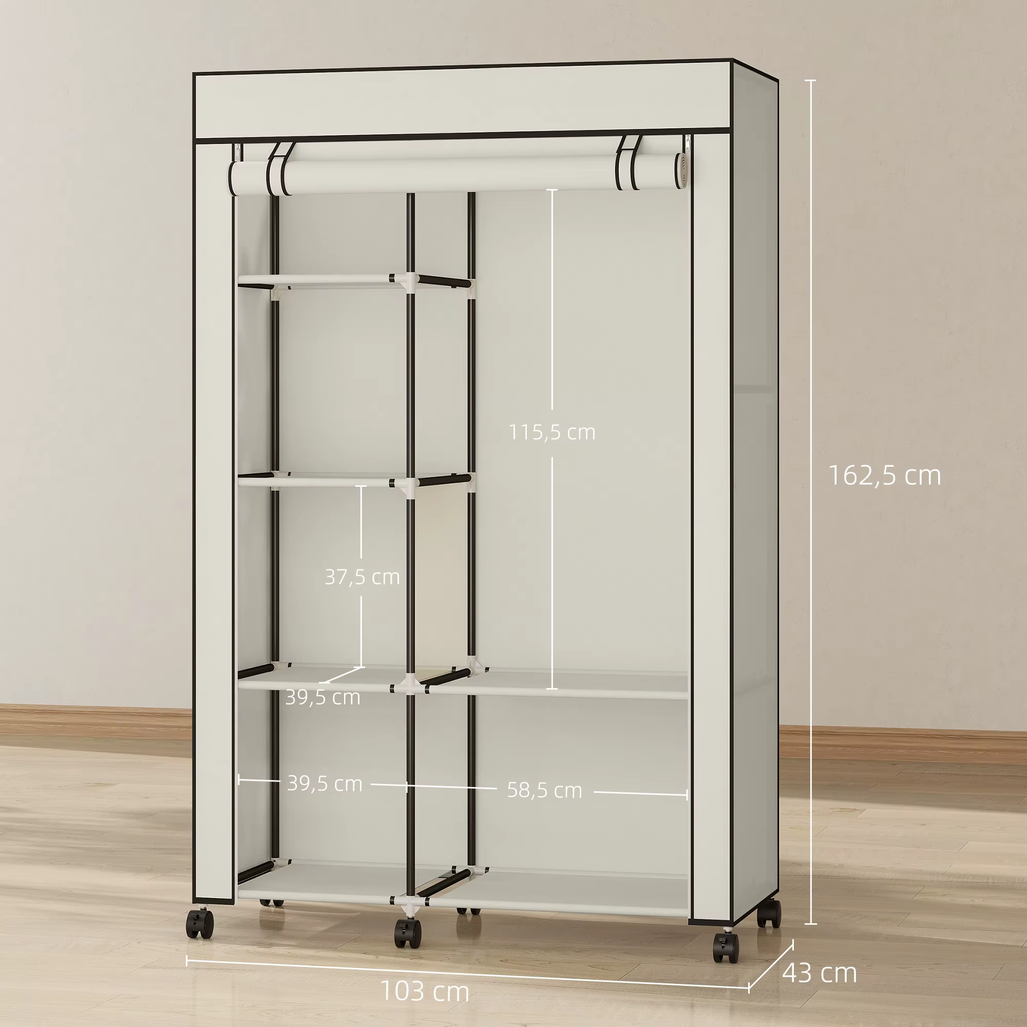 Ratastel riidestangiga riidekapp mõõtudega 103 x 43 x 162,5 cm, mitme riiuliga