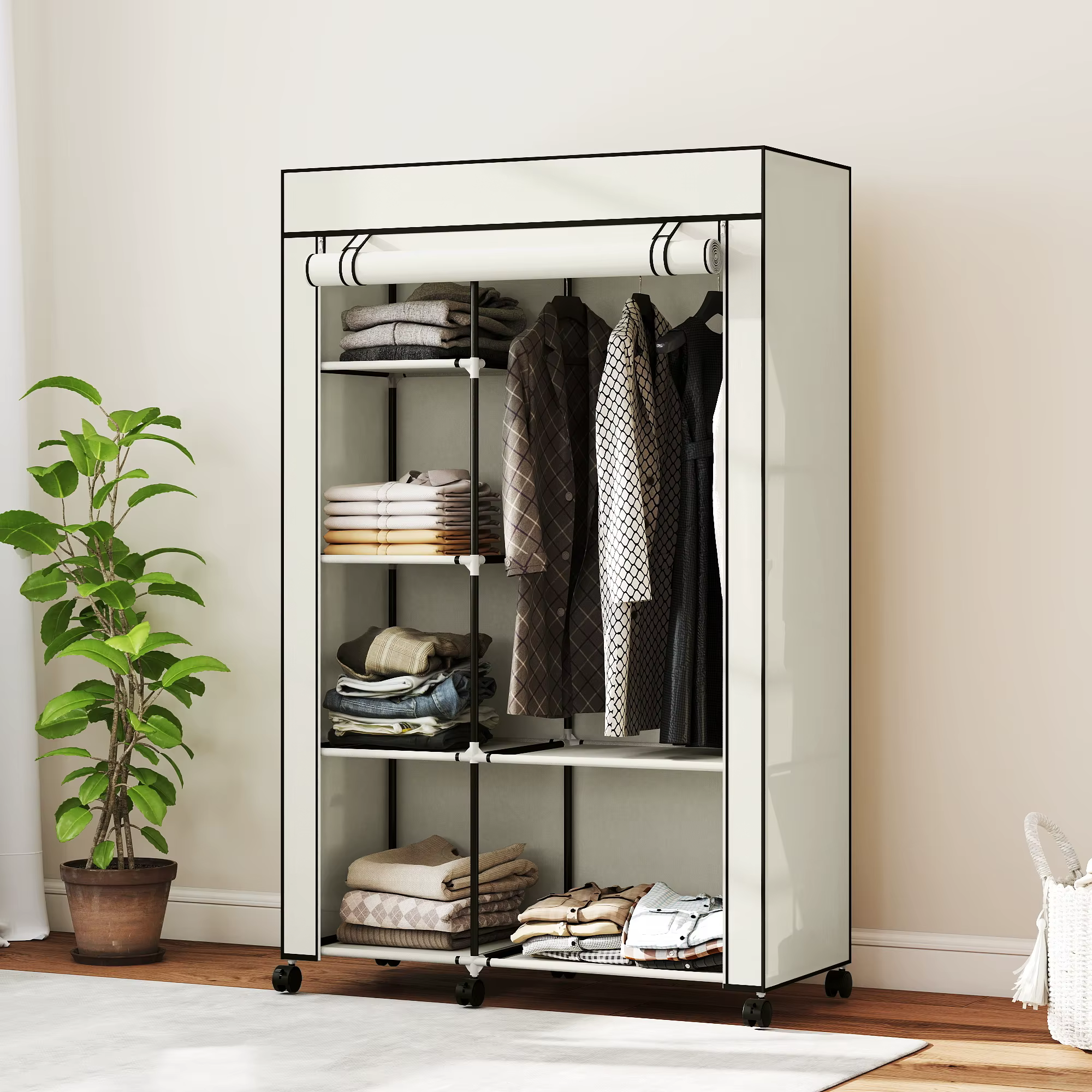 Ratastel riidekapp riidepuutoruga ja riiulitega
