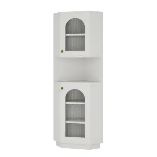 Vannitoa nurgakapp LED-valgustuse ja reguleeritavate riiulitega | E-pood Tootemaailm Valge nurgariiul kahe klaasist uksega ja avatava keskmise riiuliosaga