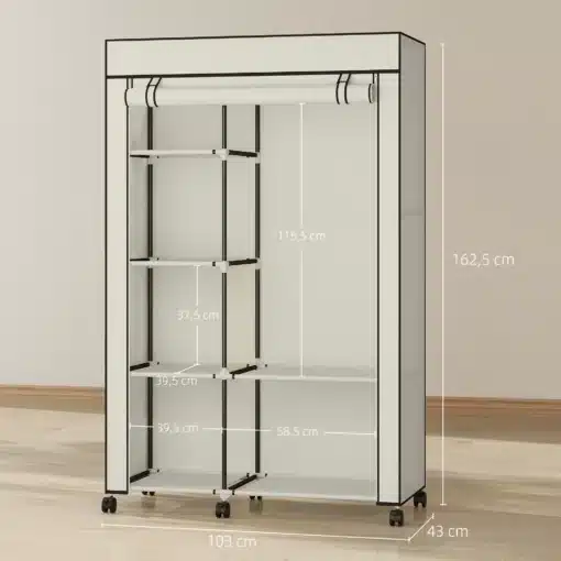 Ratastel riidekapp riidepuutoruga ja riiulitega | E-pood Tootemaailm Riidekapp ratastel, mõõtudega 103 x 43 x 162,5 cm, sisemiste riiulitega ja riputustoruga.