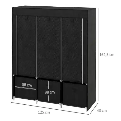 Kokkupandav must riidekapp riiulite, sahtlite ja riputustorudega | E-pood Tootemaailm Must riidekapp mõõtudega 125 x 43 x 162,5 cm, kolme uksega ja alumiste sahtlitega