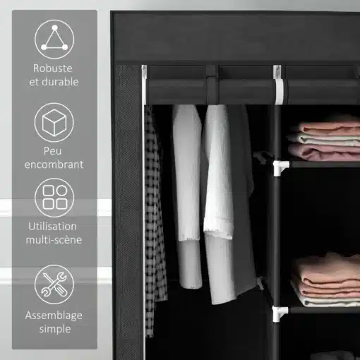 Kokkupandav must riidekapp riiulite, sahtlite ja riputustorudega | E-pood Tootemaailm Must riidest riidekapp rippuvate riiete ja kokkupandud pesuga