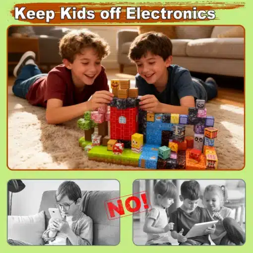 Magnetilised ehitusklotsid lastele 208 tk | E-pood Tootemaailm Kaks last mängivad põrandal värviliste ehitusklotsidega, ülal tekst „Keep Kids off Electronics”