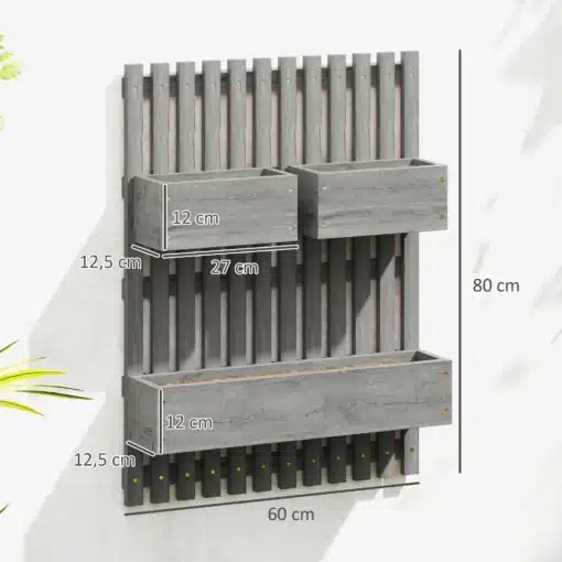 Vertikaalne puidust seinale kinnitatav taimekast kolme potiga | E-pood Tootemaailm Seinale kinnitatav puidust lillekastide ja lattidega dekoratiivne paneel, mõõdud 60 x 80 cm
