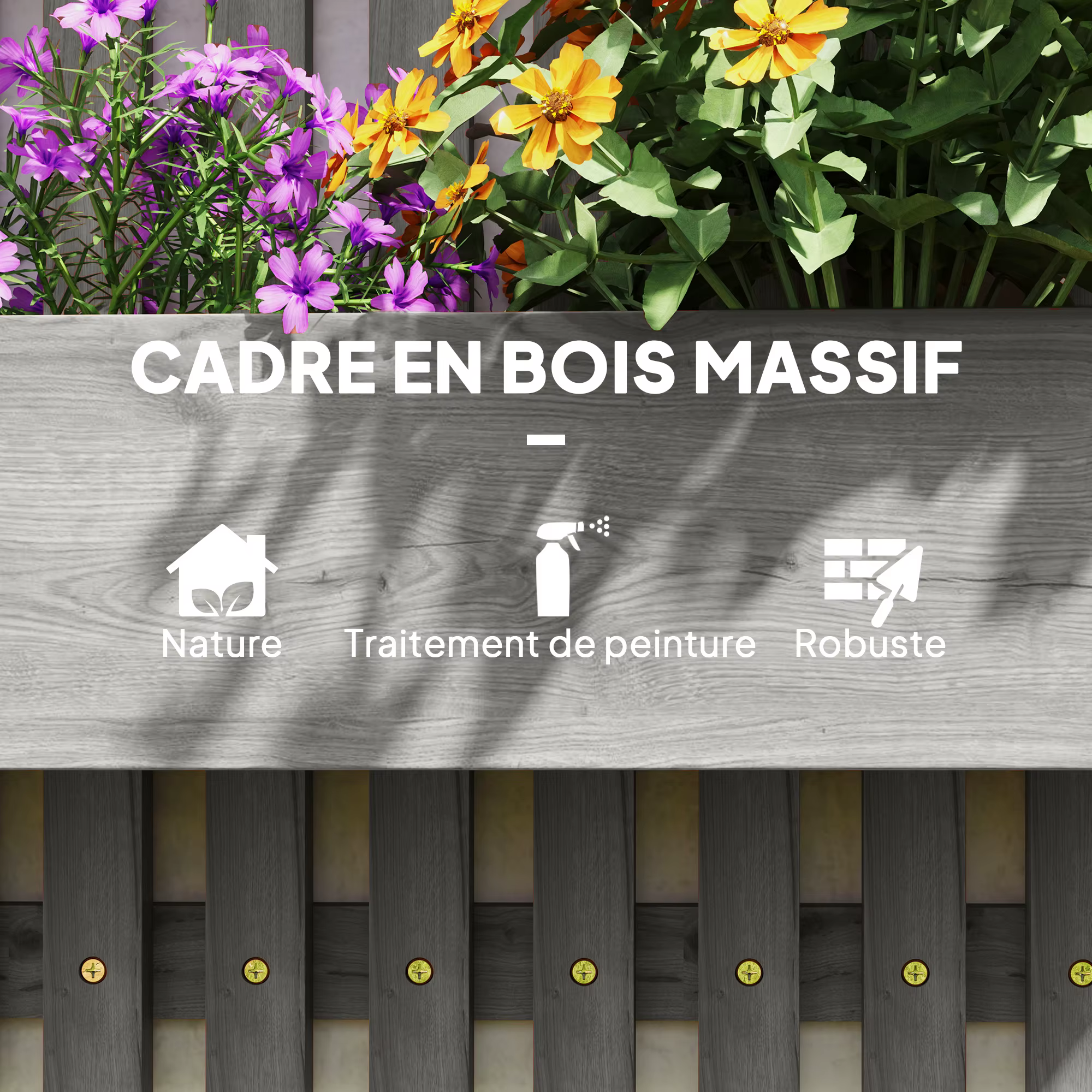 Puidust aiapiire tumedate vertikaalsete laudade ja lilledega taustal