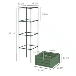 Rohelise ja musta metallraamiga toote mõõtude joonis: kõrgus 187 cm, riiuli osa 49 × 49 cm, kast 61 × 61 × 30 cm