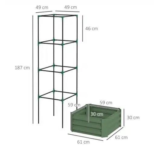 Rohelise ja musta metallraamiga toote mõõtude joonis: kõrgus 187 cm, riiuli osa 49 × 49 cm, kast 61 × 61 × 30 cm