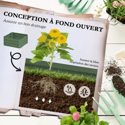Avatud raamatus on pinnase ja juurte selgitav illustratsioon koos taime ja istutuskarbiga