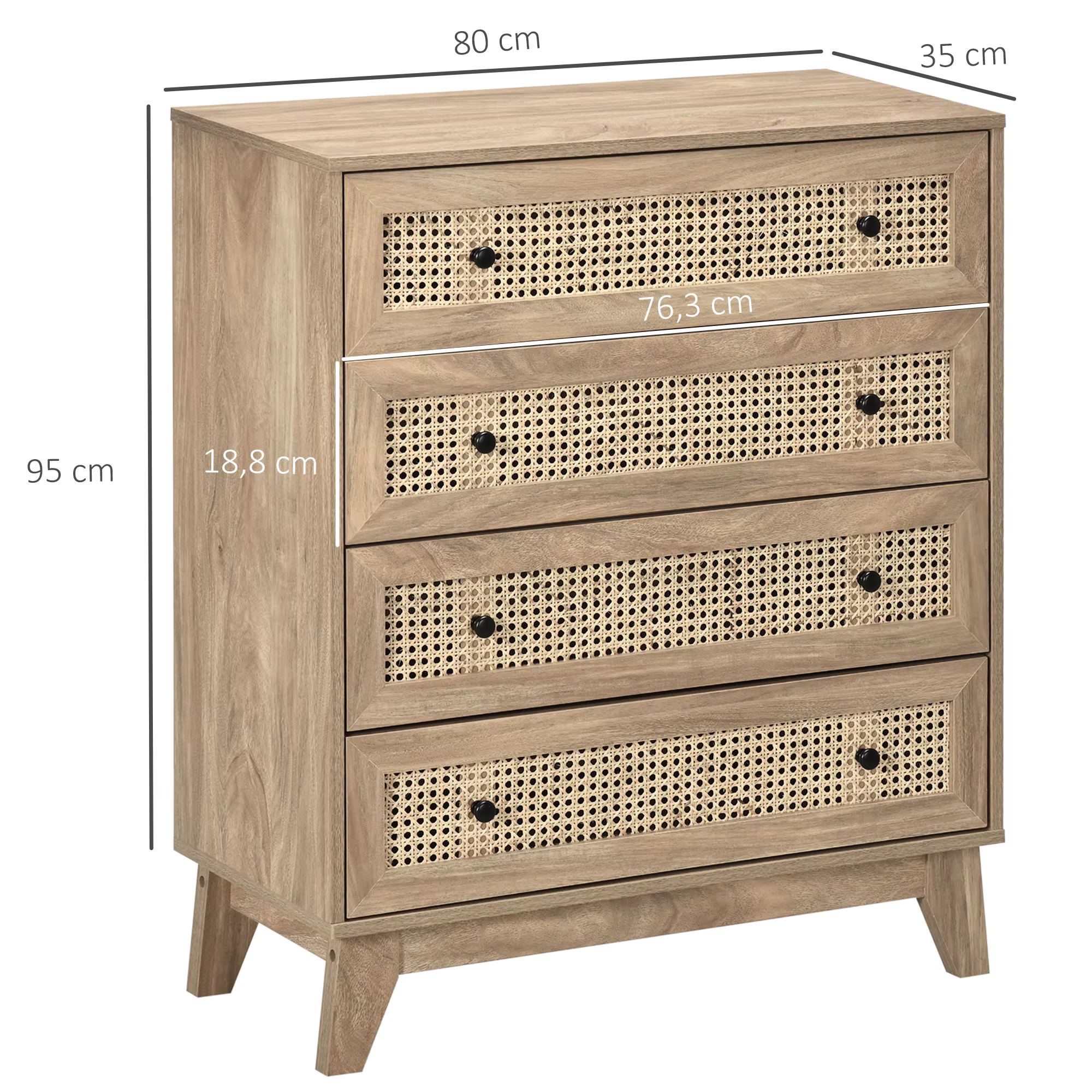 Puidust kummut nelja sahtli ja rotangist esipaneelidega, mõõdud 80 x 35 x 95 cm
