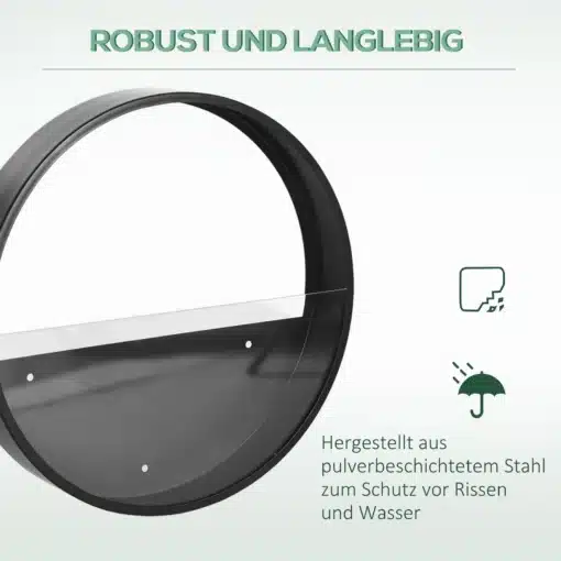 Seinale kinnitatavate taimepottide komplekt 3 tk eri suuruses | E-pood Tootemaailm Must ümar must terasraamiga kate, peal kiri „Robust und langlebig“ ja tekst kriimustuste ning vee kaitse kohta