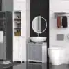 Vannitoa valamualune kapp kahe ukse ja riiuliga | E-pood Tootemaailm Kaasaegne vannituba valge ja halli mööbli, ümmarguse peegli, kraanikausi ja dušinurgaga