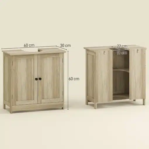Valamu alune kapp kahe ukse ja reguleeritava riiuliga | E-pood Tootemaailm Hele puidutooni kahe uksega kapp mõõtudega 60 x 30 x 60 cm, avatud ustega sisemuse vaade