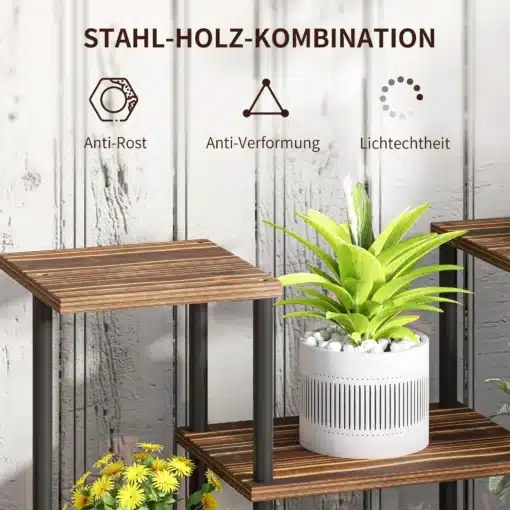 Neljakorruseline taimeriiul metallraami ja kuusepuidust riiulitega | E-pood Tootemaailm Staal- ja puidukombinatsiooniga taimelaud mitme tasapinnaga, pott taimega ja dekoratiivne sisustus