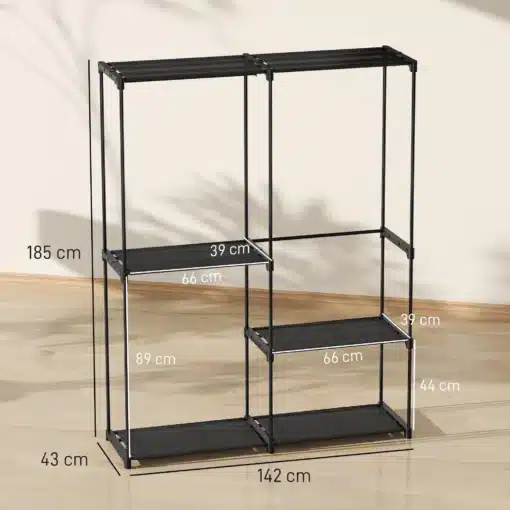 Avatud metallist riidekapp 4 riiuli ja kolme riputuslatiga | E-pood Tootemaailm Must riiul metallraamiga, mõõtudega 142 x 43 x 185 cm, mitme tasapinnaga