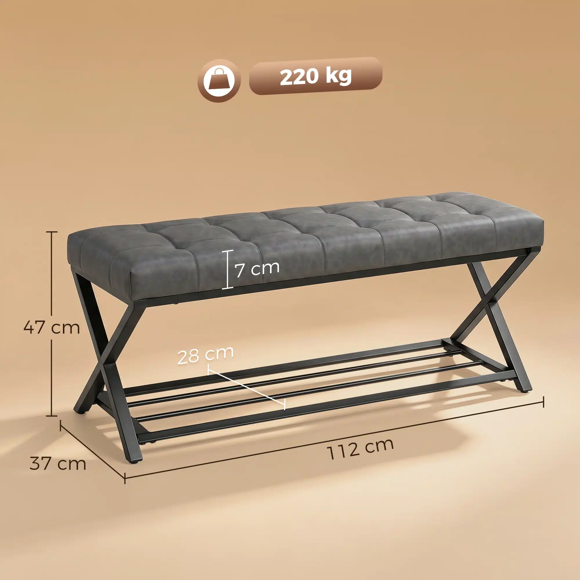 Halliga metallraamiga jalanõupink halli pehmendusega, mõõdud 112 x 37 x 47 cm, kandevõime 220 kg