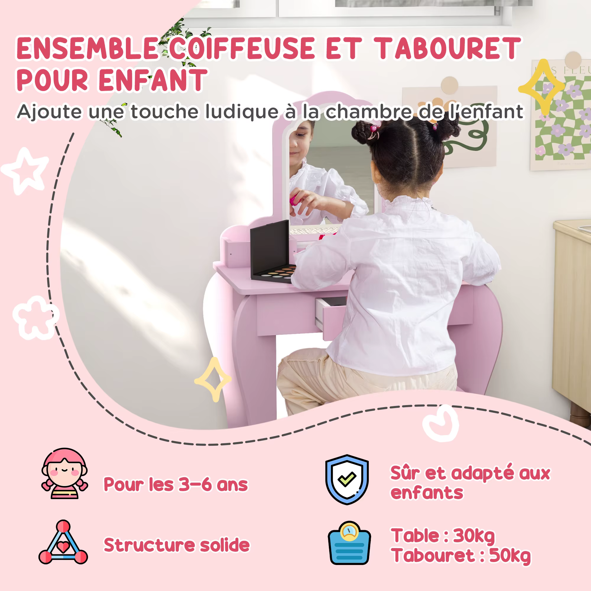 Roosa laste meigilaud tabureti ja peegliga, laps istub selle ees