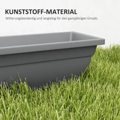 Plastist ristkülikukujulised aknakastid taimedele 5 tk | E-pood Tootemaailm Hall plastist istutuskast murul, tekstiga „Kunststoff-Material”