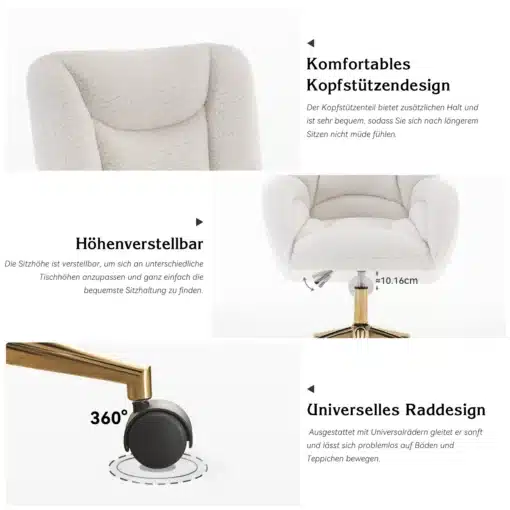 Reguleeritava kõrgusega pöörlev kontoritool käetugede ja ratastega | E-pood Tootemaailm Beeži pehme polsterdusega pöördtool, reguleeritava kõrguse ja 360° ratastega.
