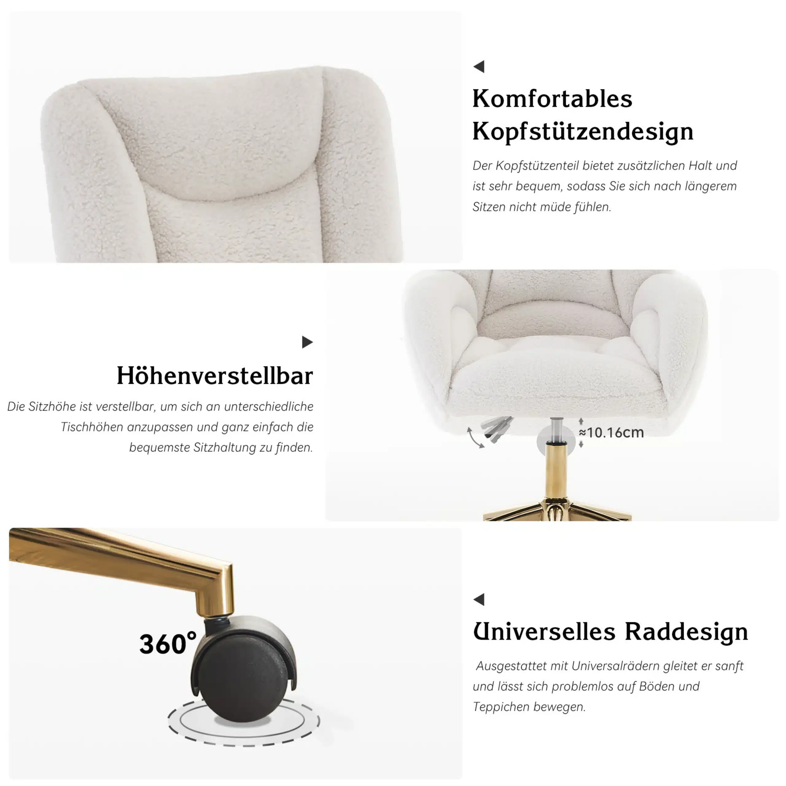 Valge pehme polsterdusega tugitool reguleeritava kõrguse, 360° rataste ja peatoega