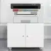 Ratastega printerialus kappide ja reguleeritava riiuliga | E-pood Tootemaailm Valge ratastel kapp, millel seisab laserprinter või koopiamasin kontoriinterjööris
