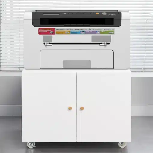 Ratastega printerialus kappide ja reguleeritava riiuliga | E-pood Tootemaailm Valge ratastel kapp, millel seisab laserprinter või koopiamasin kontoriinterjööris