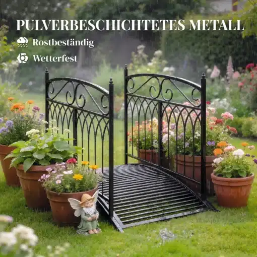 Dekoratiivne aiatiigi sild metallist piiretega, 1,35 m | E-pood Tootemaailm Mustast pulbervärvitud metallist aiakaar või väike dekoratiivne sillake lilleaias, pottidega ümbritsetud