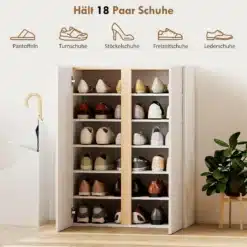 Kingariiul 18 paari jalanõudele, kahte ust ja mitut riiulit sisaldav valge hoiukapp.