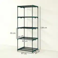 Viie tasandiga metallist riiul mõõtudega 138 x 67 x 49 cm, riiuliplaadi mõõdud 64 x 45 cm