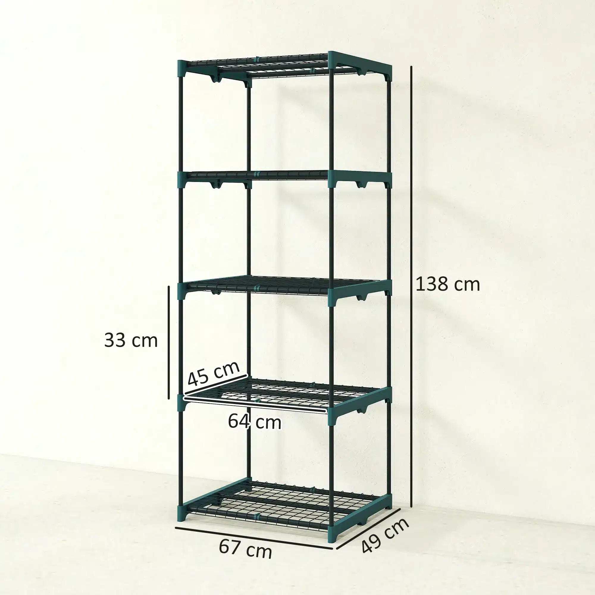Viie tasandiga metallist riiul mõõtudega 138 x 67 x 49 cm, riiuliplaadi mõõdud 64 x 45 cm