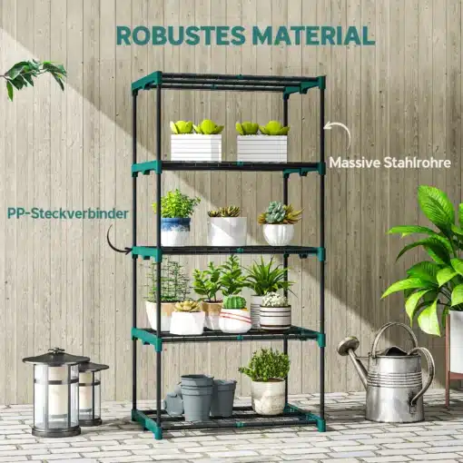 Viiekorruseline metallist taimeriiul 67 x 49 x 138 cm | E-pood Tootemaailm Mitmekorruseline metallist riiul pottide ja taimede jaoks, musta ja türkiissinise raamiga.