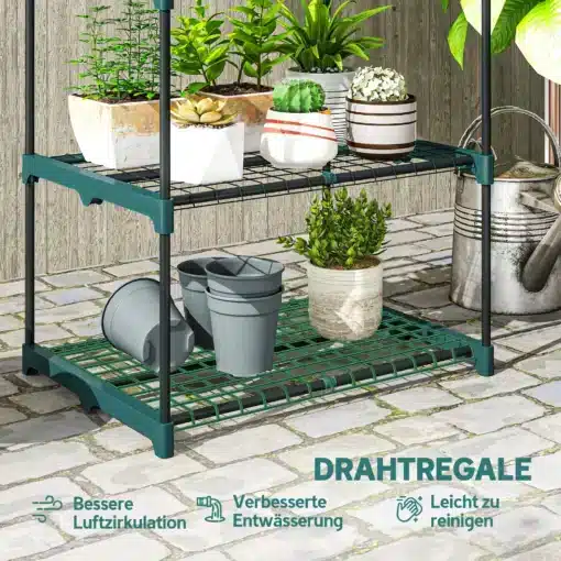Viiekorruseline metallist taimeriiul 67 x 49 x 138 cm | E-pood Tootemaailm Rohelise metallraamiga traatriiul lillepottide ja kastekannuga aias
