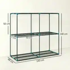 Metallist riiul/säilitusraam mõõtudega 143 × 48 × 100 cm, vaade mõõtjoontega