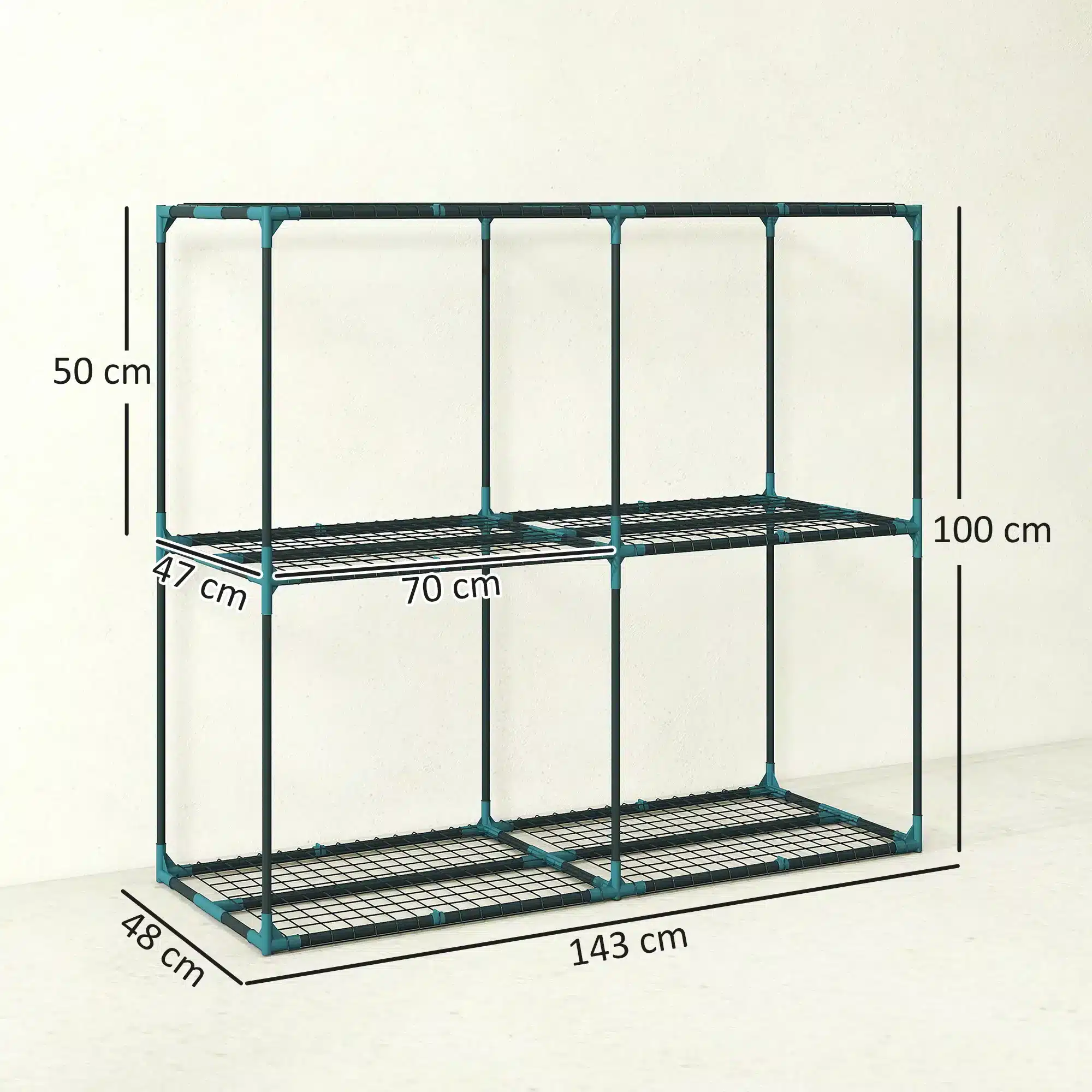 Metallist riiul/säilitusraam mõõtudega 143 × 48 × 100 cm, vaade mõõtjoontega