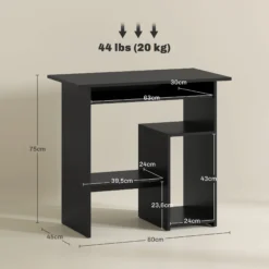 Must kirjutuslaud mõõtudega 80x45x75 cm ja kandevõimega 20 kg, mõõtjoontega tootefoto