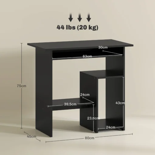 Arvutilaud väljatõmmatava klaviatuurialuse ja riiulitega | E-pood Tootemaailm Must kirjutuslaud mõõtudega 80x45x75 cm ja kandevõimega 20 kg, mõõtjoontega tootefoto