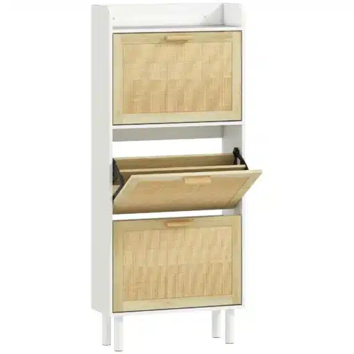 Kitsas kingakapp kolme klapiga 80 × 24,5 × 110 cm | E-pood Tootemaailm Valge riiul kolme bambusest esipaneeliga kallutatava sahtliga