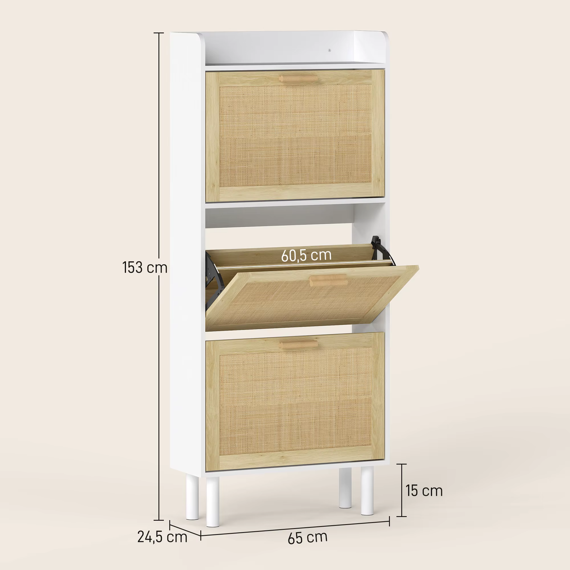 Valge kingakapp kolme bambusvärvi kallutatava uksega, mõõtudega 153 x 65 x 24,5 cm